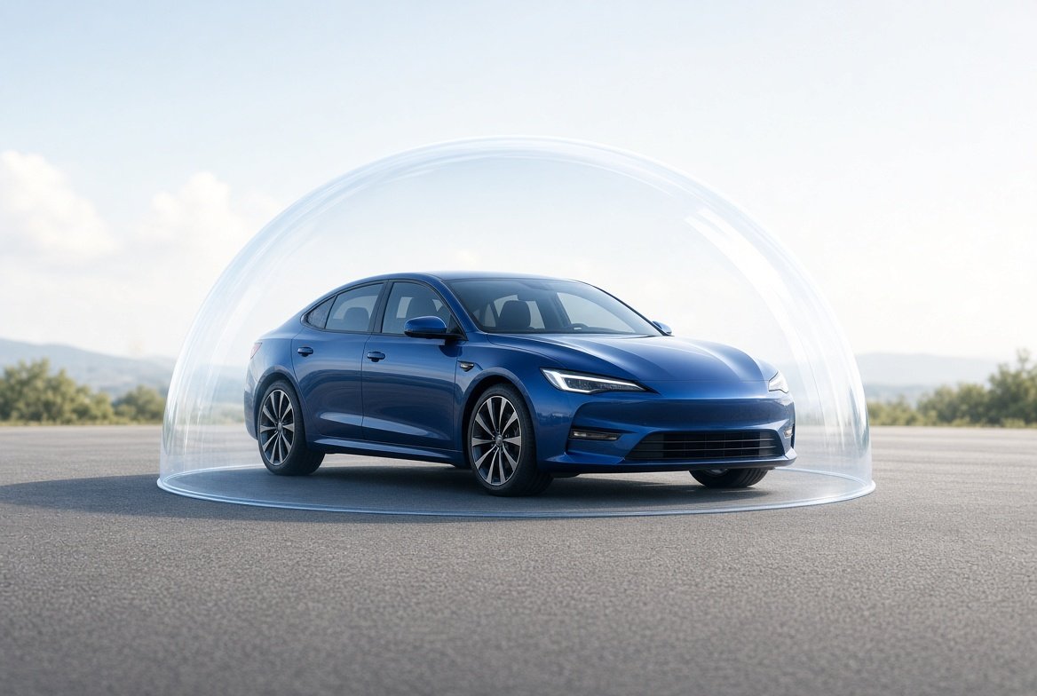 Blue car protected under transparent shield for auto insurance
